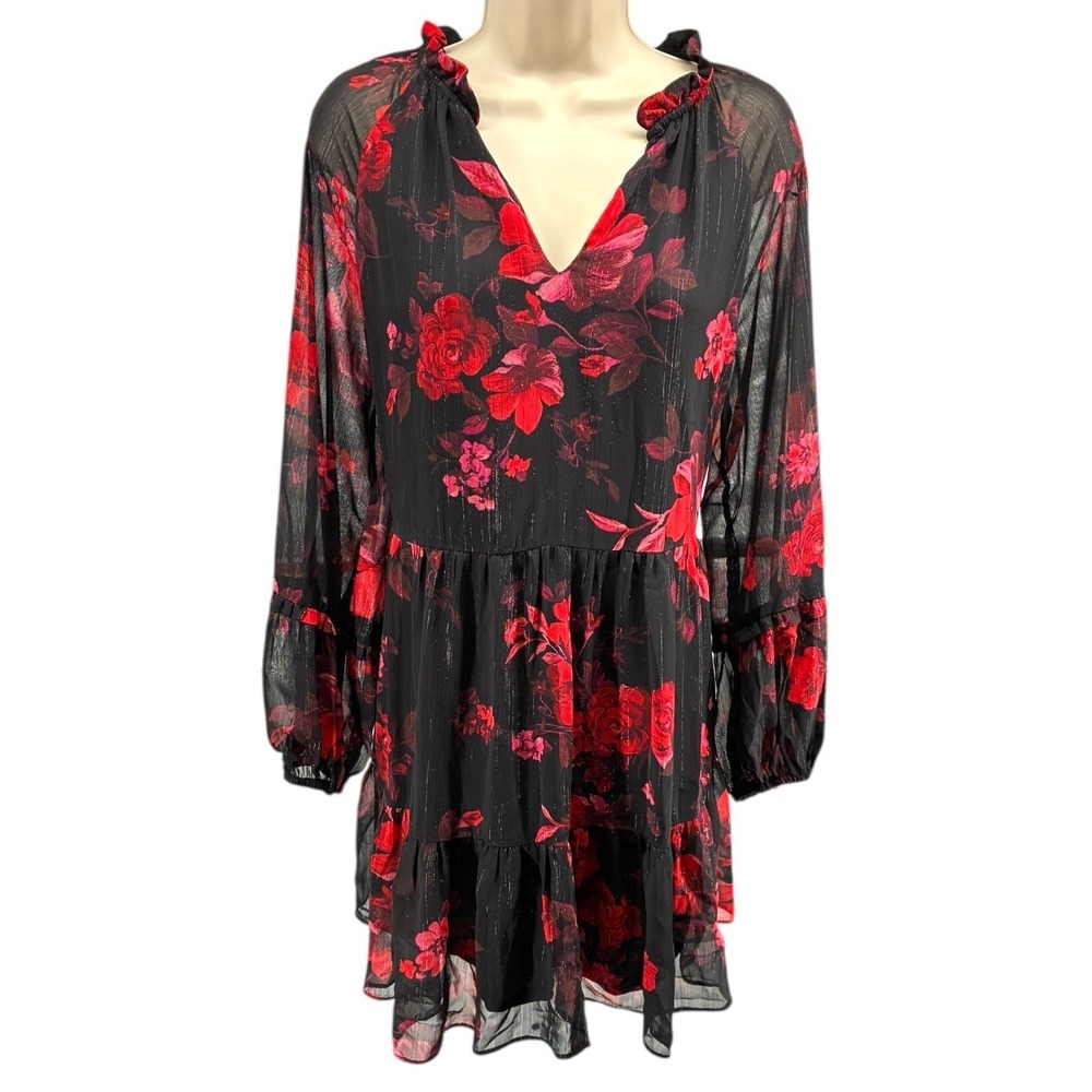 MSK Petite Large Black & Red Rose Floral V-Neck Sheer Sleeve Swing Dress
